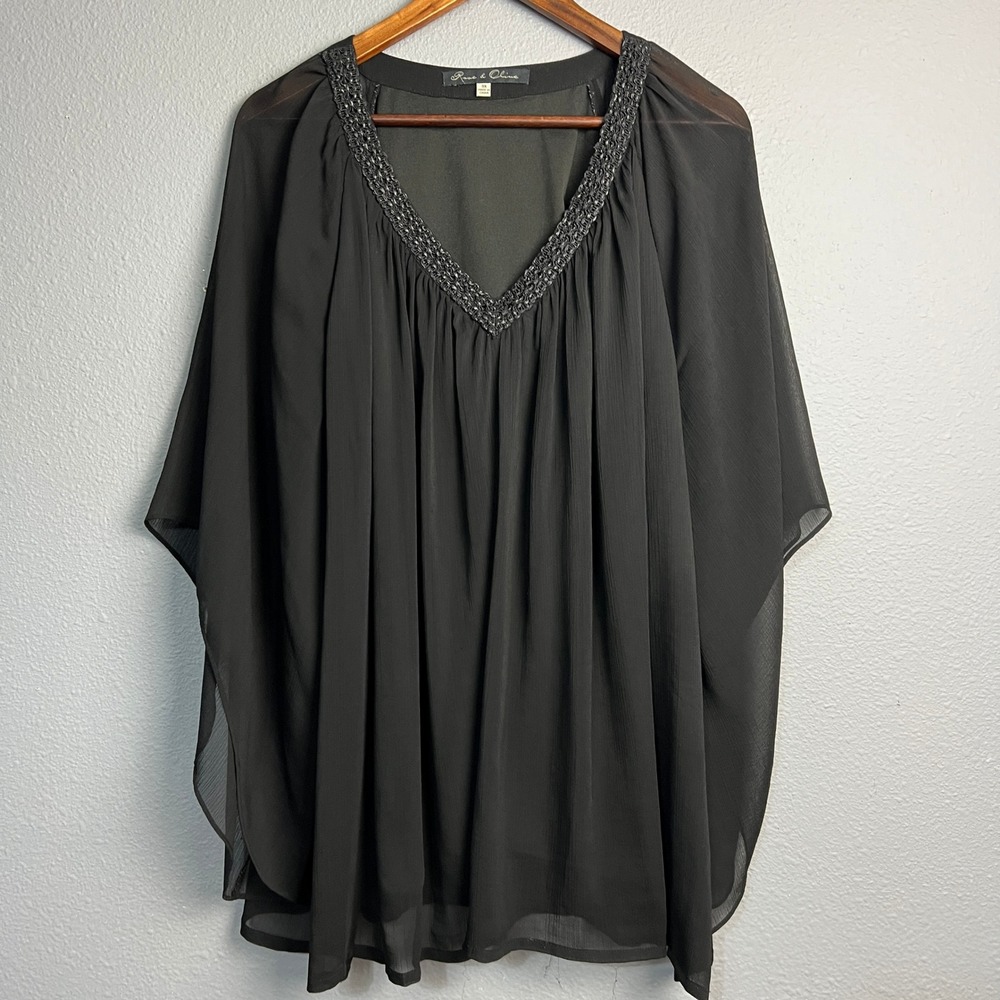 Rose &‎ Olive 3X Black Beaded V Neck Whimsigoth Sheer Chiffon Blouse Top Plus Sz